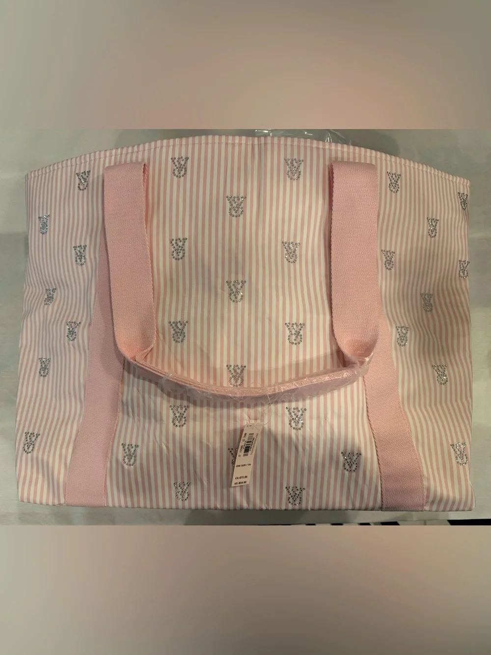 Victoria Secret Pink Striped overnight Tote Bag with Crystal Accents